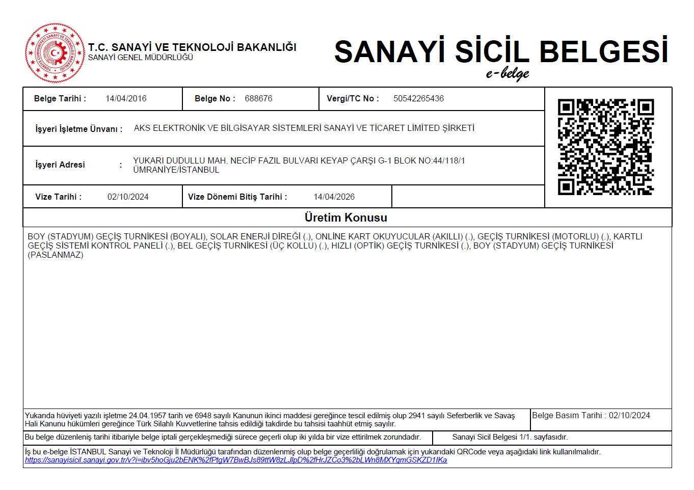 Sanayi Sicil Belgesi
